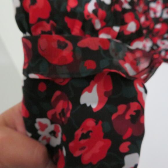 Lauren Ralph Lauren Women Sz L Red Black Floral Ruffle Long Sleeve Button Down - Picture 5 of 9
